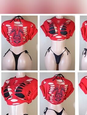 Red Custom Created & Distressed Skull Crop Top - Women